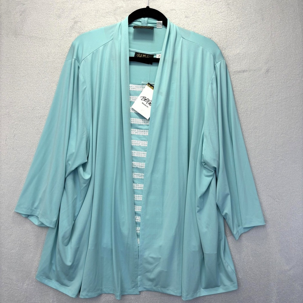 NEW Bob Mackie 2 Pc Cardigan Tank Set Womens 3X Blue Sequin Liquid Knit Stretch